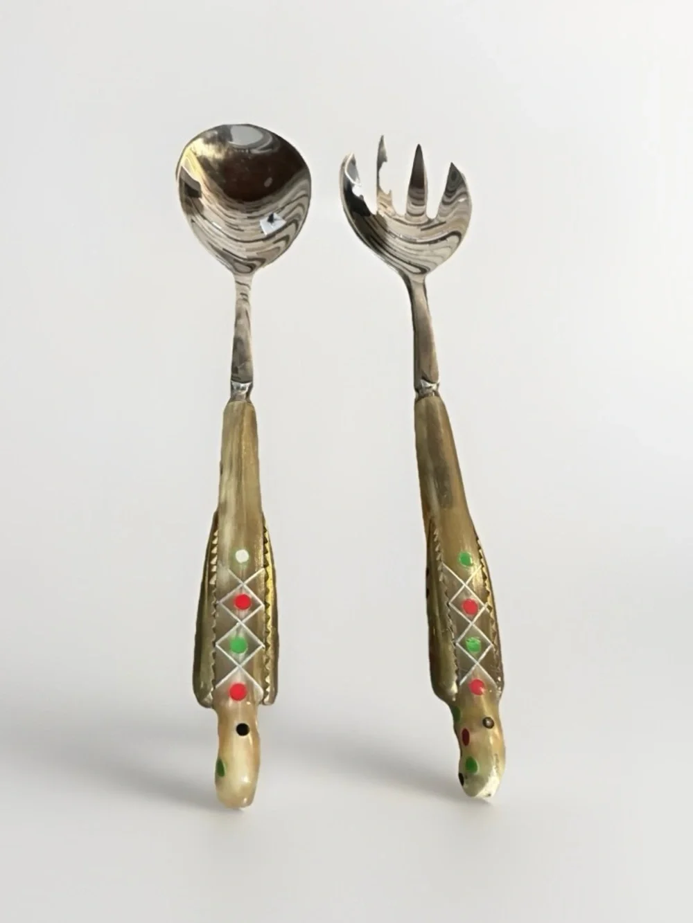 Vintage Gold-Tone Decorative Salad Serving Set with Color Accent Handles